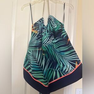 Tropical Leaf Print Navy Tank with Chain Straps